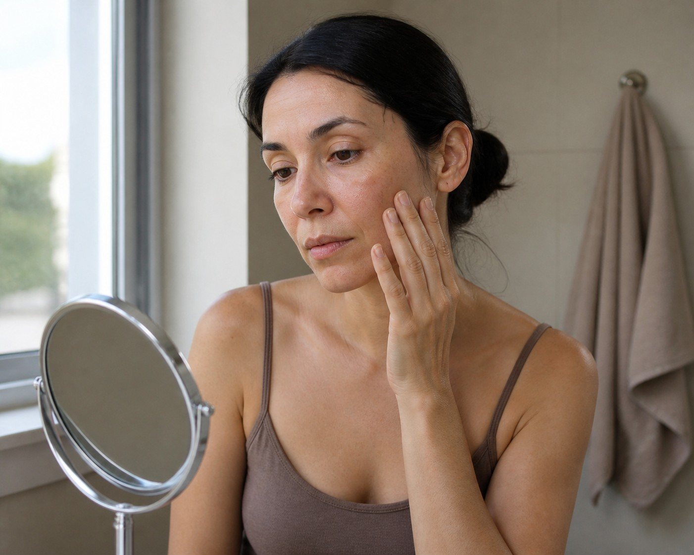 Mujer observando su piel con luz natural antes de aplicar una crema sencilla