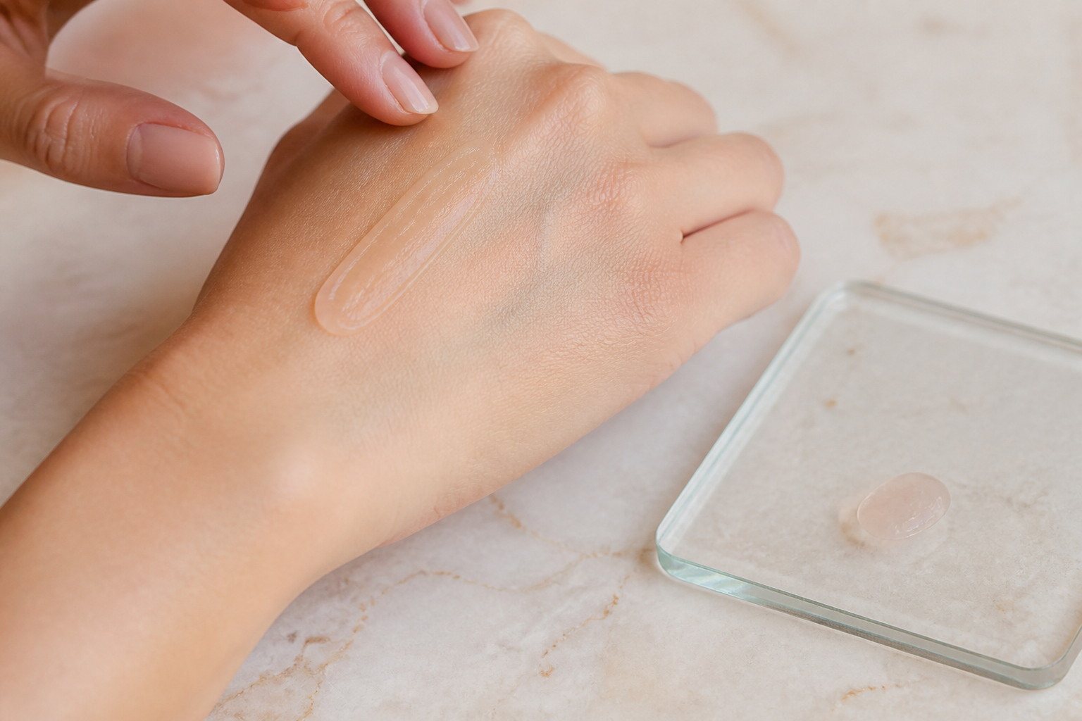 Cantidad mínima de prebase extendida sobre una mano con textura natural