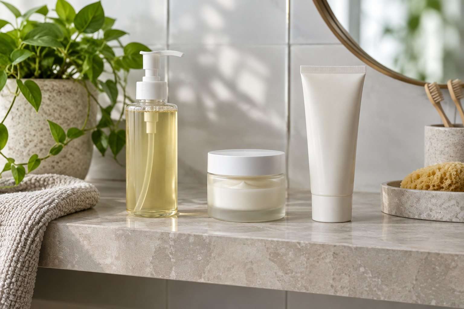 Rutina facial para piel mixta con pocos productos — Imagen 1 Productos de limpieza e hidratación facial sobre una repisa de baño.